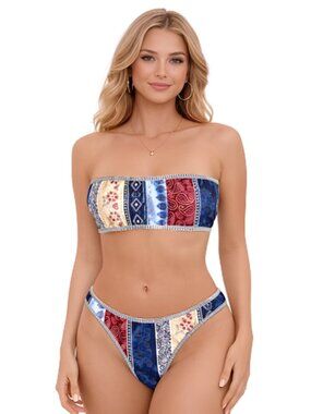 Small Boho Strapless Bandeau Bikini- Ribbed, Lace-Up, High Cut NWT,